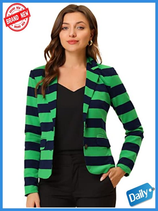Jackets & Blazers - Women's Striped Blazer Button Closure Notched Lapel Knit Fabric Short Cropped
